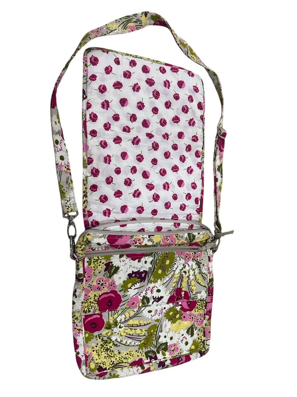 Vera Bradley Cream Crossbody flap over Pink & Green Floral adjustable strap - Picture 6 of 12